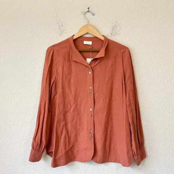 POETRY Linen Blend Button Up Shirt Dark Coral LS Relaxed Travel NWT - Picture 1 of 11